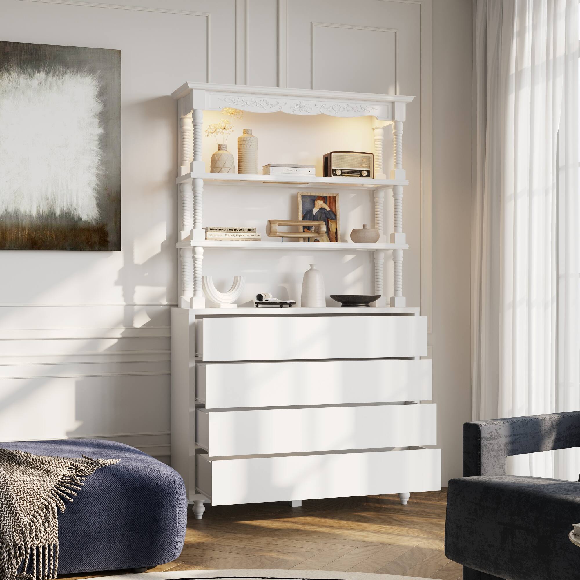 Left. Famapy - Display Cabinet with LED Lights, Carved Storage Cabinet for Living Room, Bedroom, Office - White.