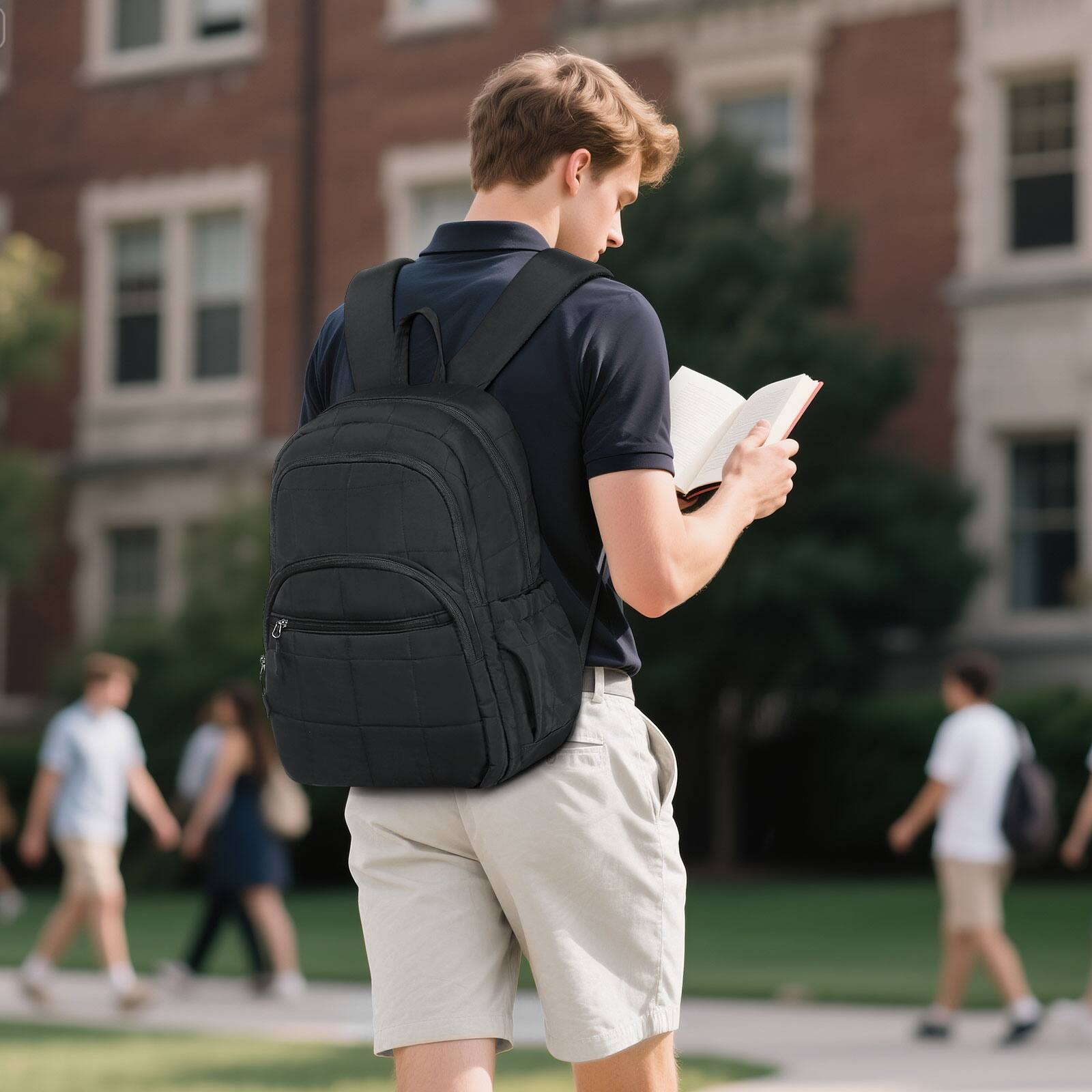 Alt View 5. Unique Bargains - Quilted Laptop Backpack for Women, Casual Work Daypack for 15.6" Laptop, Travel Bag with Luggage Strap - Black.