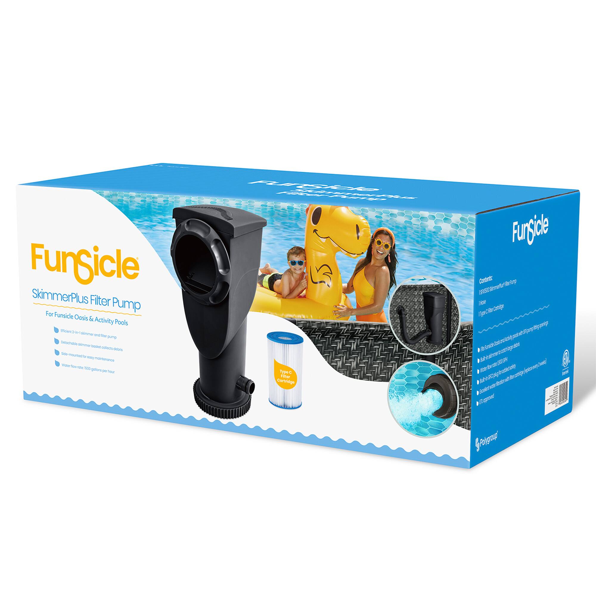 FunSicle SkimmerPlus Filter Pump  
For FunSicle Oasis & Activity Pools  

- Includes 2-in-1 skimmer and filter pump  
- Skim surface water and collect debris  
- Easy to mount and maintain  
- Water flow rate: 800 gallons per hour  

Contents:  
- SkimmerPlus Filter Pump  
- Type C Filter Cartridge  
- 11" Filter Cartridge  

Features:  
- 11" Filter Cartridge  
- 1.5" Hose Connection  
- 110V, 60Hz, 15A  
- 1/2 HP Motor  
- 115V, 60Hz, 15A  
- 1/2 HP Motor  
- 115V, 60Hz, 15A  
- 1/2 HP Motor  
- 115V, 60Hz, 15A  
- 1/2 HP Motor  
- 115V, 60Hz, 15A  

Polygroup