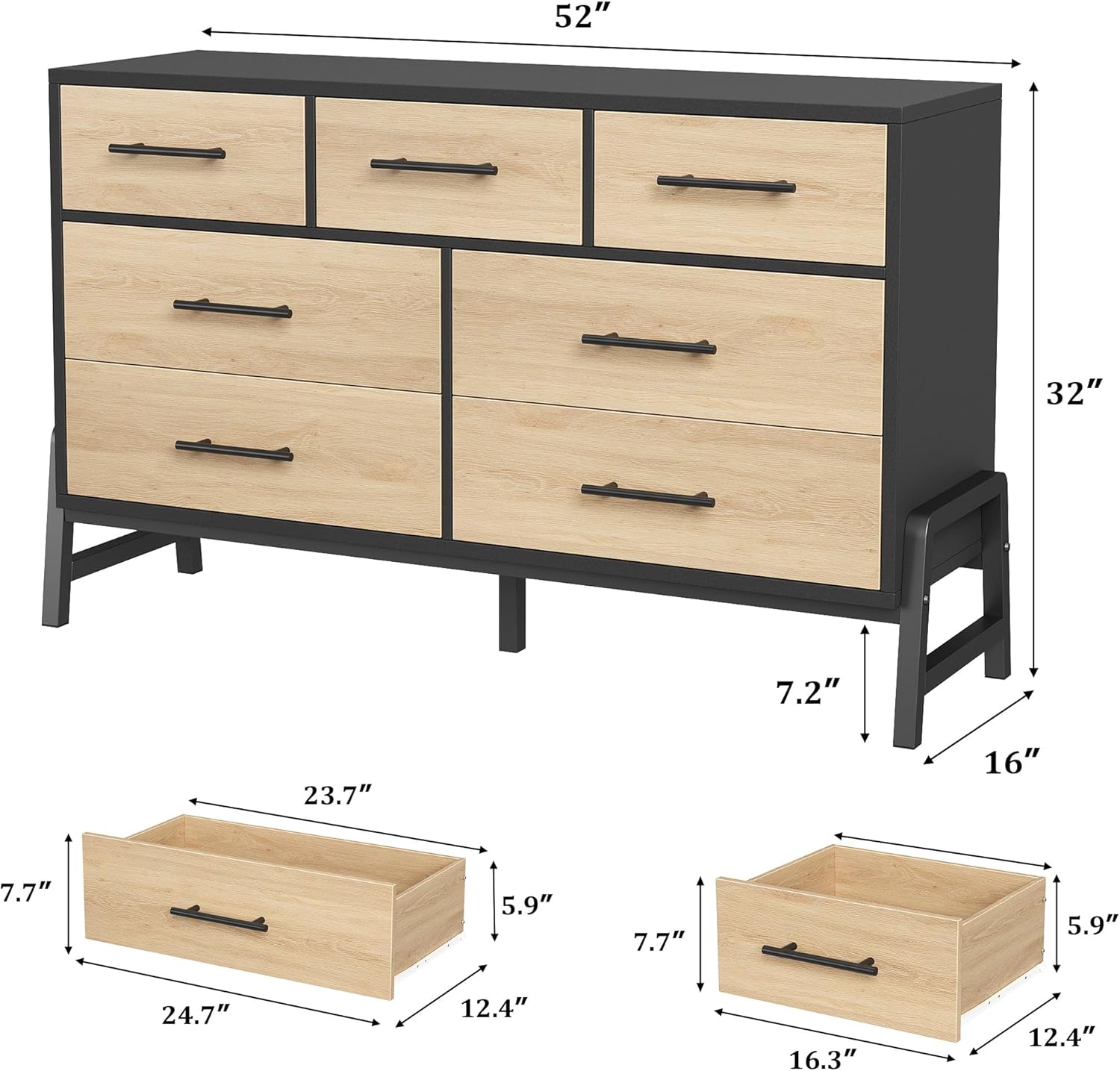 52" (width)  
32" (height)  
7.2" (depth)  
16" (leg height)  
23.7" (drawer width)  
5.9" (drawer depth)  
7.7" (drawer height)  
24.7" (top drawer width)  
12.4" (top drawer depth)  
16.3" (bottom drawer width)  
12.4" (bottom drawer depth)