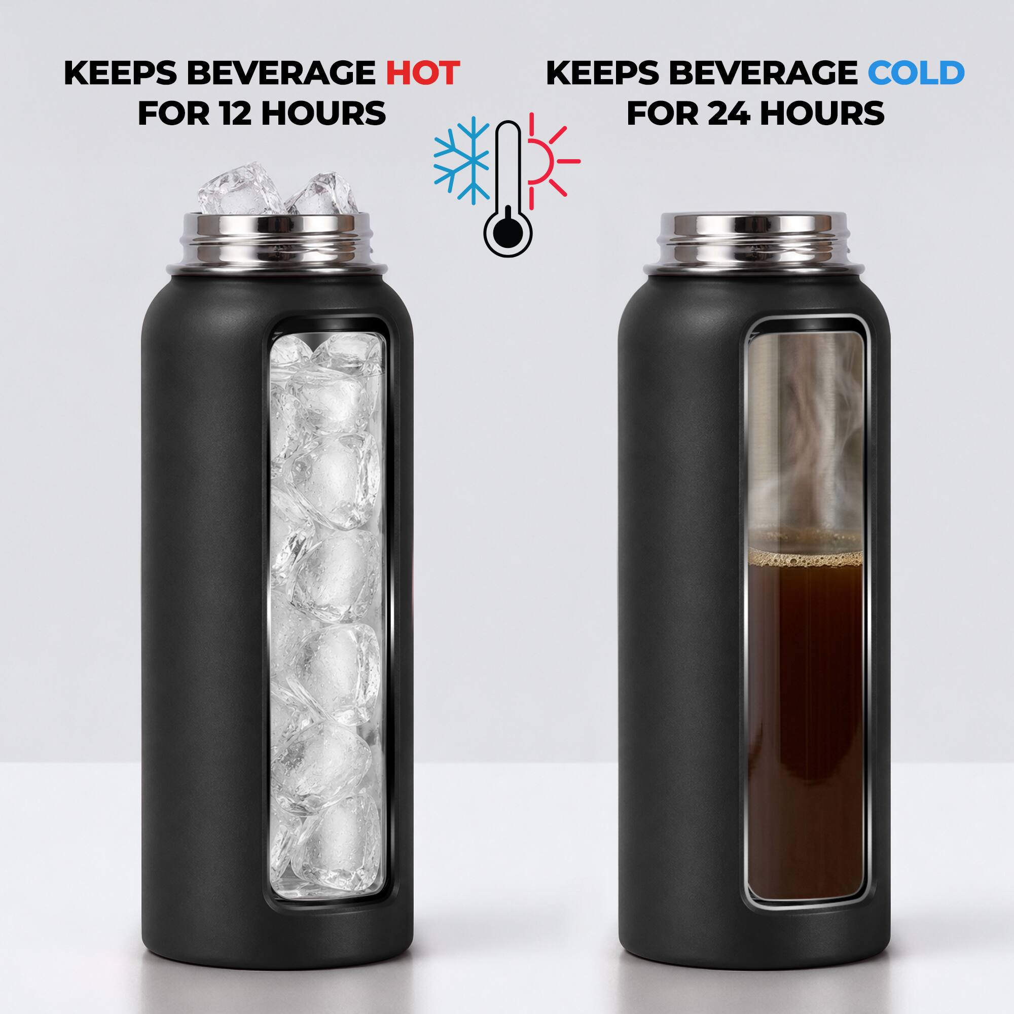 KEEPS BEVERAGE HOT FOR 12 HOURS  
KEEPS BEVERAGE COLD FOR 24 HOURS