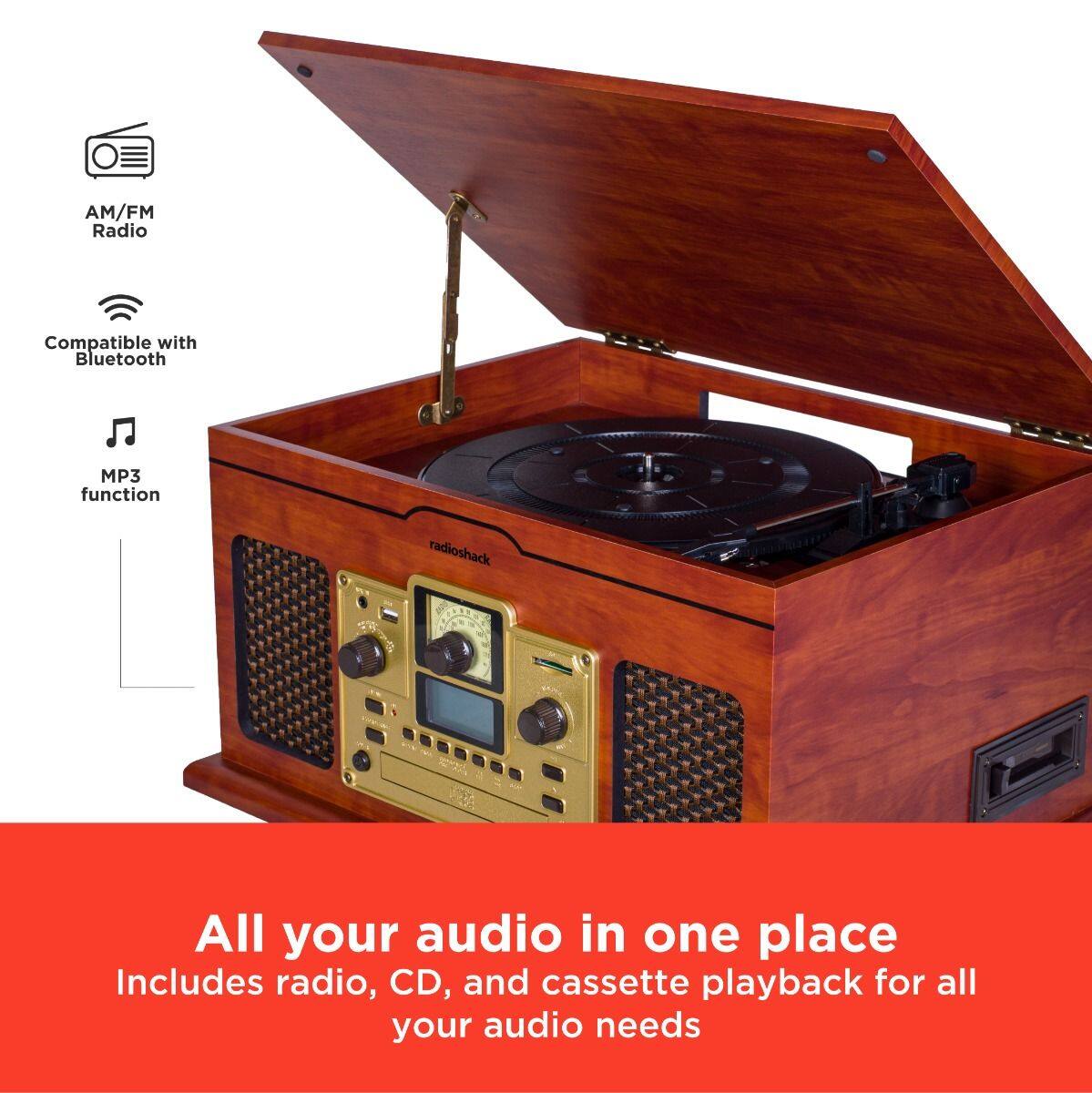 AM/FM Radio  
Compatible with Bluetooth  
MP3 function  

radioshack  

All your audio in one place  
Includes radio, CD, and cassette playback for all your audio needs