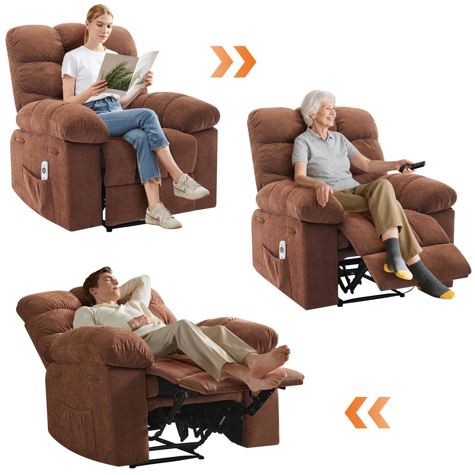 Alt View 3. Babevy - 35.4" Wide Oversized Manual Recliner with Massage and Heat, Fabric Recliner Chair with 2 Side Pockets - Brown.