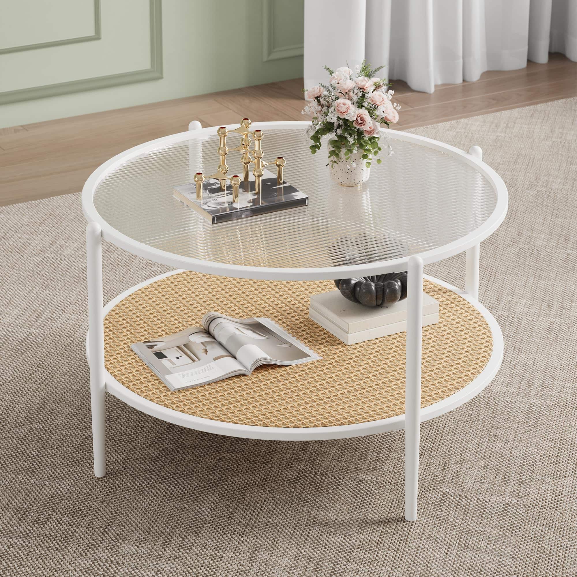 Acekool - 30" Rattan Coffee Table, 2-Tier Round End Table with Storage, Round Water-Wave Glass Metal Center Tables - White
