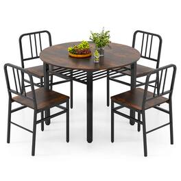 Costway - 5-Piece Round Dining Table Set, Space-saving Dinette Table Set with Storage Shelf - Rustic Brown,Black