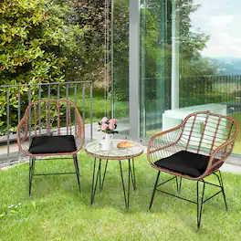 Gymax - 3PCS Rattan Patio Conversation Set Bistro Chat Set w/ Cushion - Black