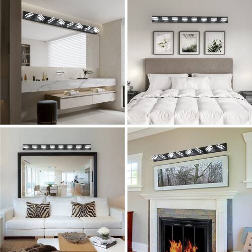 Back. LUCKY ONE - 52in Wall Mount LED Vanity Light, 8-Light Black Bathroom Fixture with Acrylic Shades, Dimmable - Black.