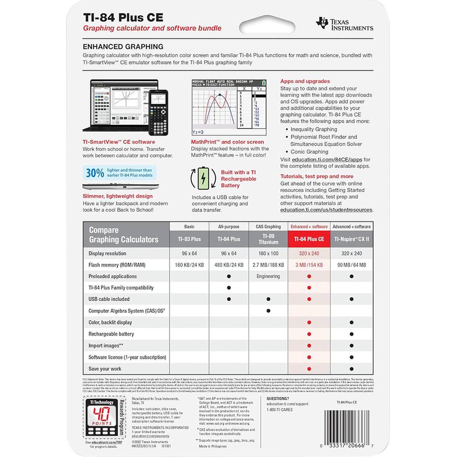 Texas Instruments TI 84 Plus CE Graphing Calculator 84PLCE/TBL/1L1/AX ...