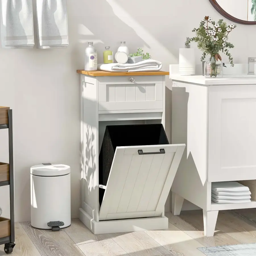 Alt View 17. Costway - Laundry Cabinet Freestanding Tilt Out Laundry Hamper with Basket Drawer Organizer - White/Natural.