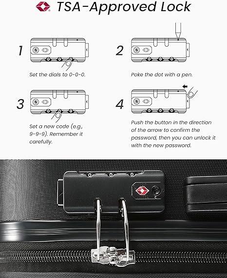 TSA-Approved Lock

1. Set the dials to 0-0-0.
2. Poke the dot with a pen.
3. Set a new code (e.g., 9-9-9). Remember it carefully.
4. Push the button in the direction of the arrow to confirm the password, then you can unlock it with the new password.