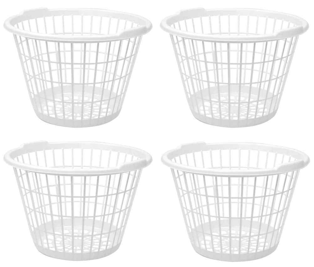 DORLUKFU - Plastic Laundry Basket, 1 Bushel Capacity, Lightweight Round Design, 17.5 x 17.5 x 12 Inches, Set of 4 - White