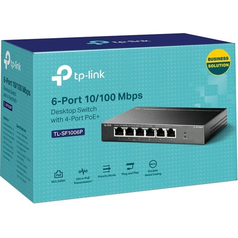 6-Port 10/100 Mbps Desktop Switch with 4-Port PoE+  
TL-SF1006P  

- 250 m PoE Transmission*  
- Priority Mode  
- Plug and Play  
- Durable Metal Casing  
- 802.3af/at  

BUSINESS SOLUTION