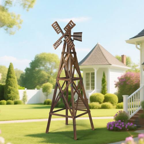 Alt View 6. Winado - 7FT Wooden Windmill Backyard Garden Decoration Weathervane with Windmill Head for Outdoor - Carbonized.