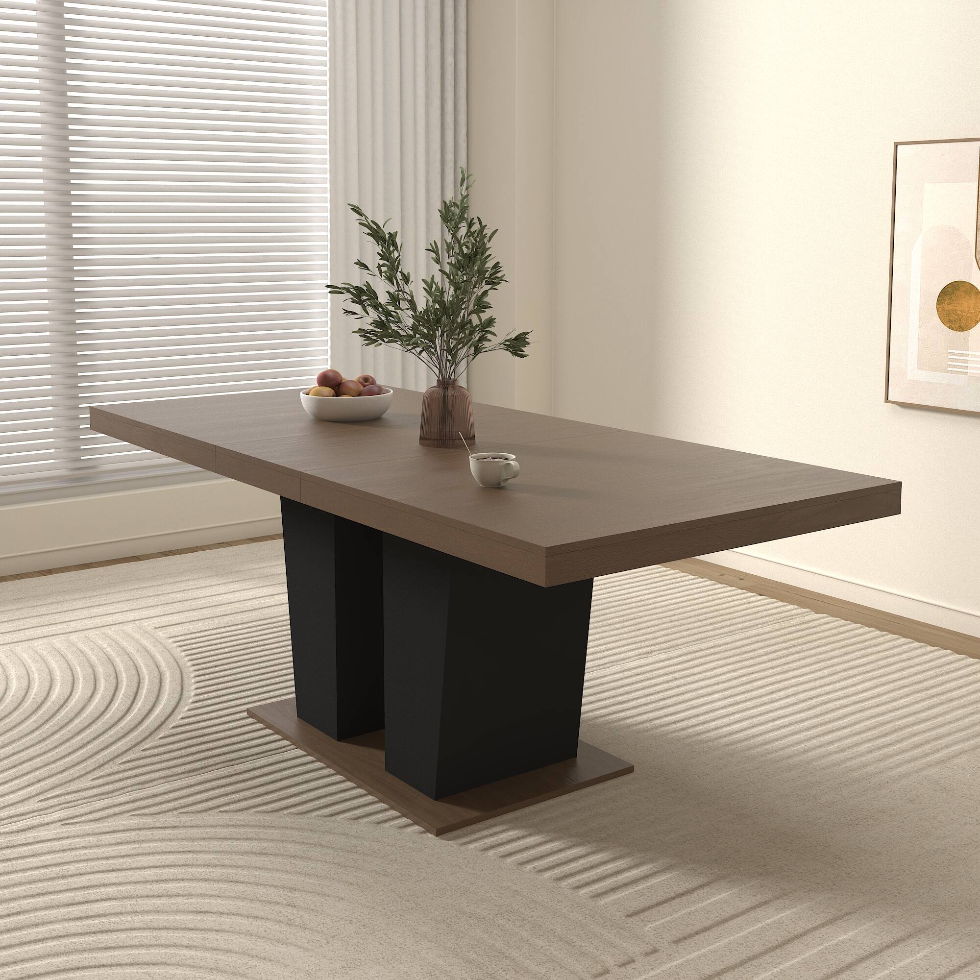 Alt View 2. Tiramisubest - Extendable Dining Table for 4-10 People, Large Rectangle Dining Table with Black Double Sturdy Pedestal Base - Beige+Brown.