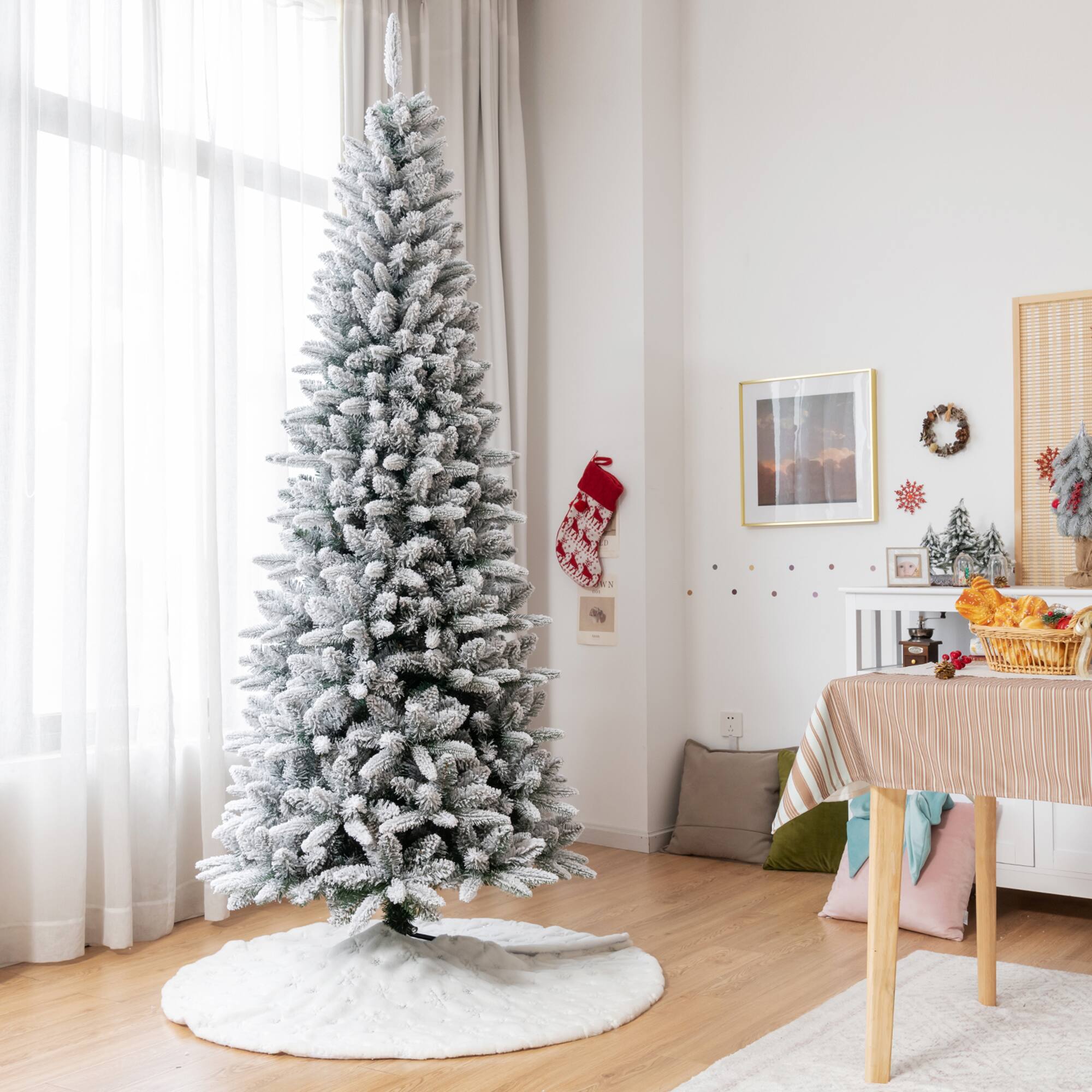 Alt View 3. Gymax - Gymax 7.5 FT Artificial Slim Christmas Tree Unlit Snow-Flocked Xmas Pencil Tree - White.