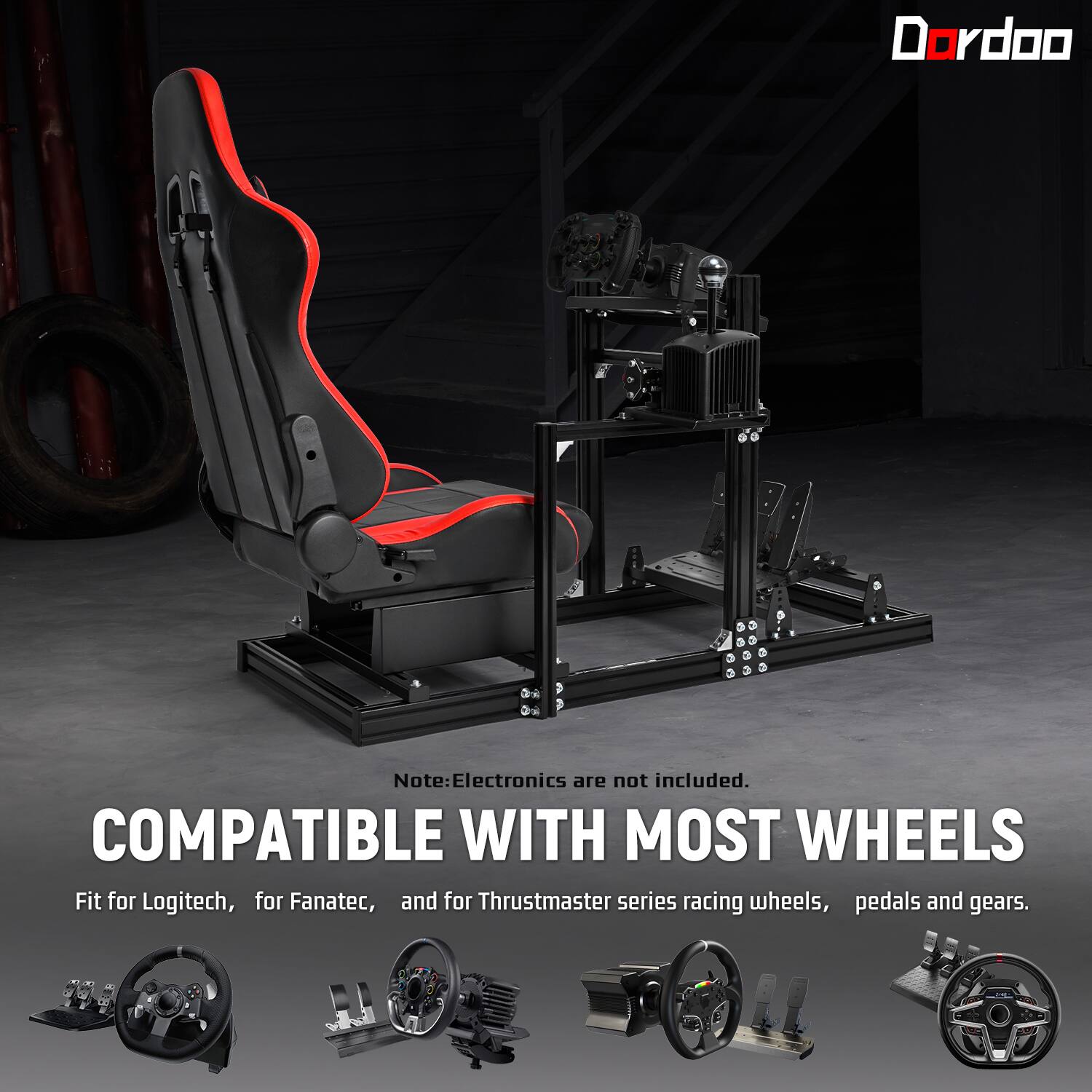 Dordoo

Note: Electronics are not included. COMPATIBLE WITH MOST WHEELS Fit for Logitech, for Fanatec, and for Thrustmaster series racing wheels, pedals and gears.