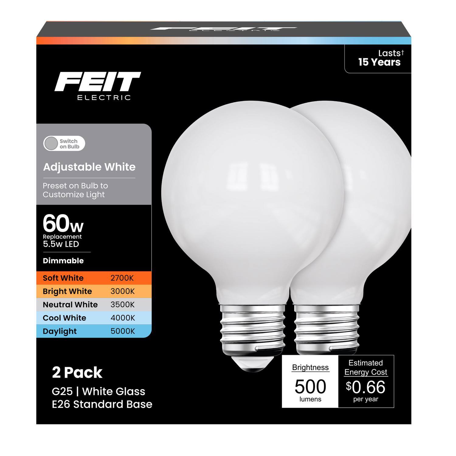 FEIT ELECTRIC - Feit G25 E26 (Medium) LED Bulb Adjustable White 60 Watt Equivalence 1 pk price history on PriceWatchPro