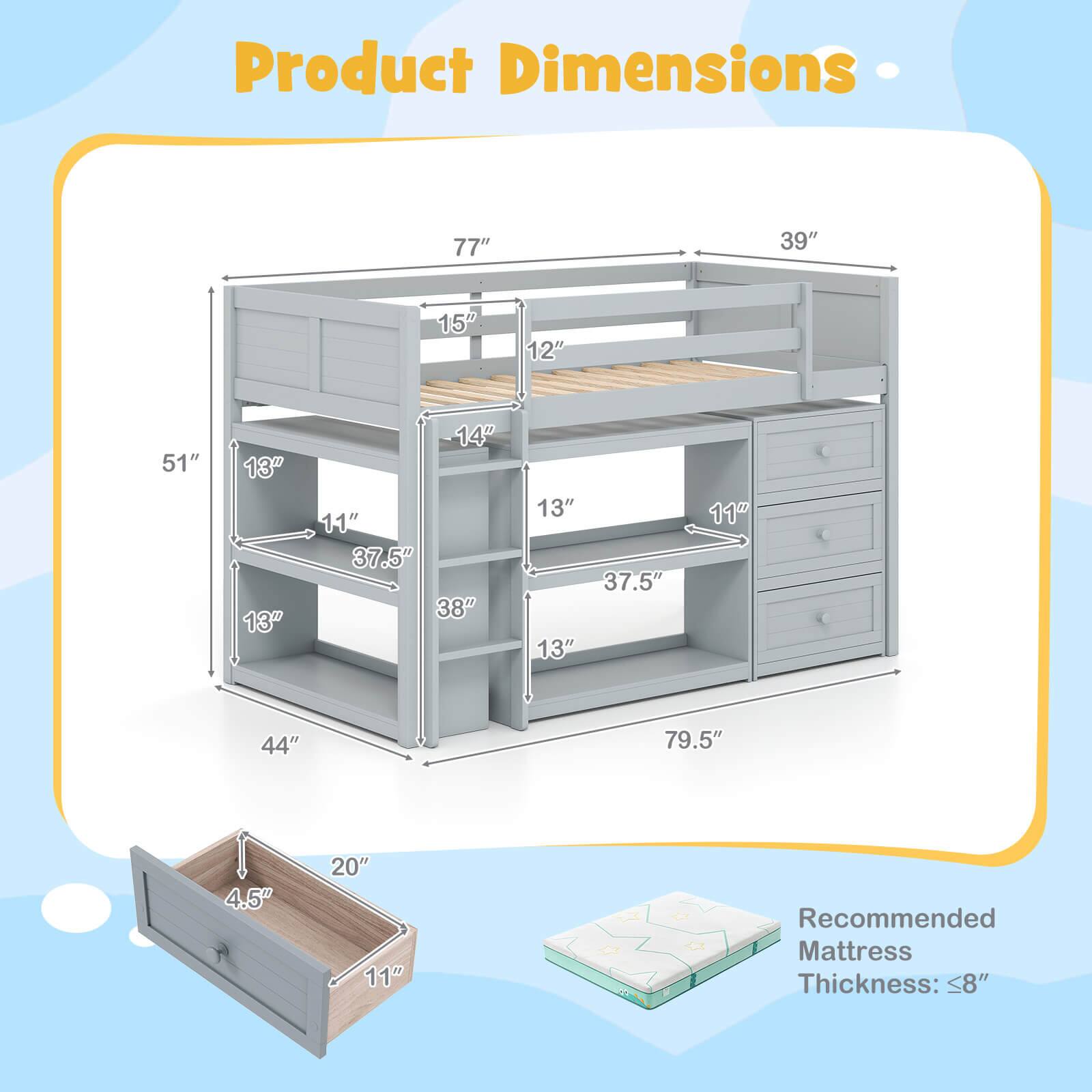 Product Dimensions: 77" x 39" x 15" x 12" x 51" x 13" x 13" x 14" x 11" x 37.5" x 38" x 13" x 37.5" x 13" x 11" x 44" x 79.5" x 4.5" x 20" x 11"  
Recommended Mattress Thickness: ≤8"