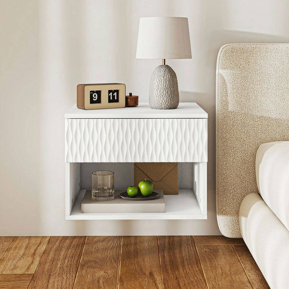 Kadyn - Wavy-Textured Double-Mounted Wall-Mounted Floating Nightstand with Drawer for Bedroom - White