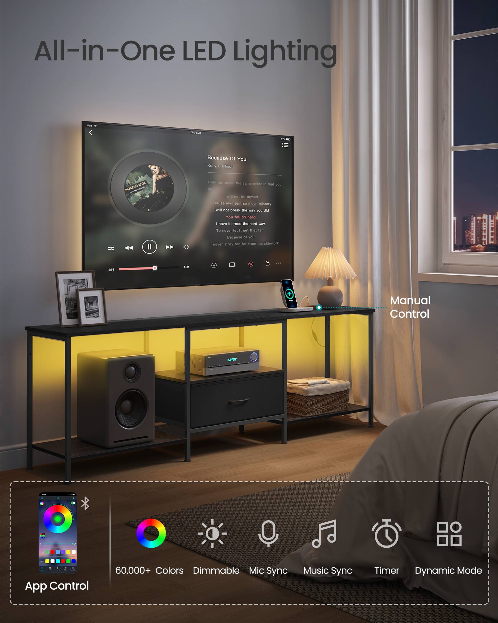 All-in-One LED Lighting

- Manual Control
- App Control
- 60,000+ Colors
- Dimmable
- Mic Sync
- Music Sync
- Timer
- Dynamic Mode