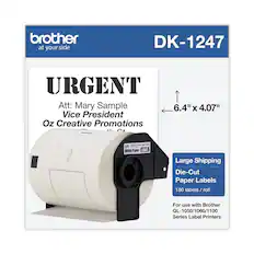 - Brother at your side
- DK-1247
- URGENT
- Att: Mary Sample
- Vice President
- Oz Creative Promotions
- 6.4" x 4.07"
- Large Shipping Die-Cut Paper Labels
- 180 labels / roll
- For use with Brother QL-1050/1060/1100 Series Label Printers