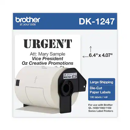 - Brother at your side
- DK-1247
- URGENT
- Att: Mary Sample
- Vice President
- Oz Creative Promotions
- 6.4" x 4.07"
- Large Shipping Die-Cut Paper Labels
- 180 labels / roll
- For use with Brother QL-1050/1060/1100 Series Label Printers