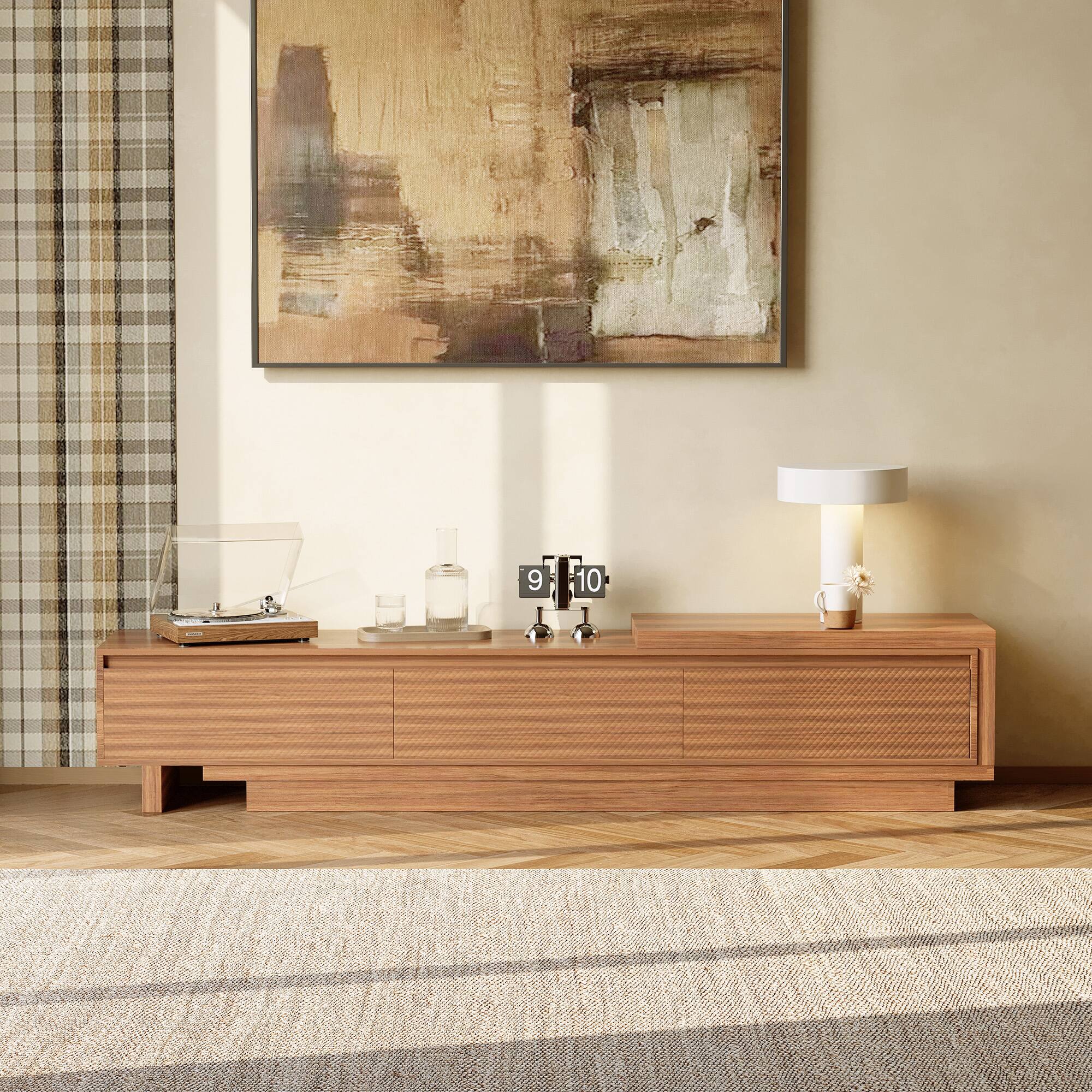 Angle. luck idea - 78.74"–102.3" Extendable TV Stand with 3 Drawers, Textured Front Design & Modern Media Console for Living Room - Walnut Color.