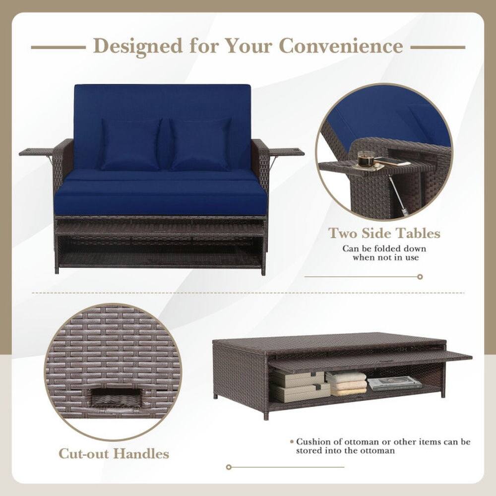 Designed for Your Convenience

- Two Side Tables
  - Can be folded down when not in use

- Cut-out Handles

- Cushion of ottoman or other items can be stored into the ottoman