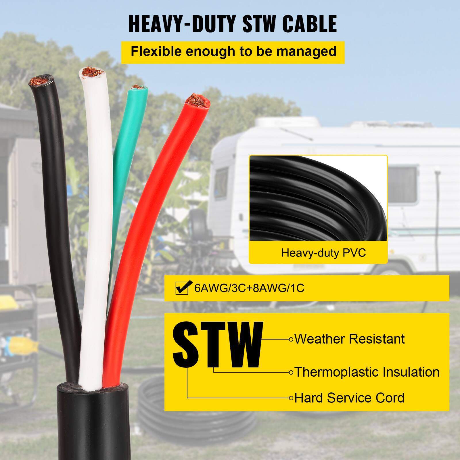 HEAVY-DUTY STW CABLE  
Flexible enough to be managed  

Heavy-duty PVC  
6AWG/3C+8AWG/1C  

Weather Resistant  
Thermoplastic Insulation  
Hard Service Cord