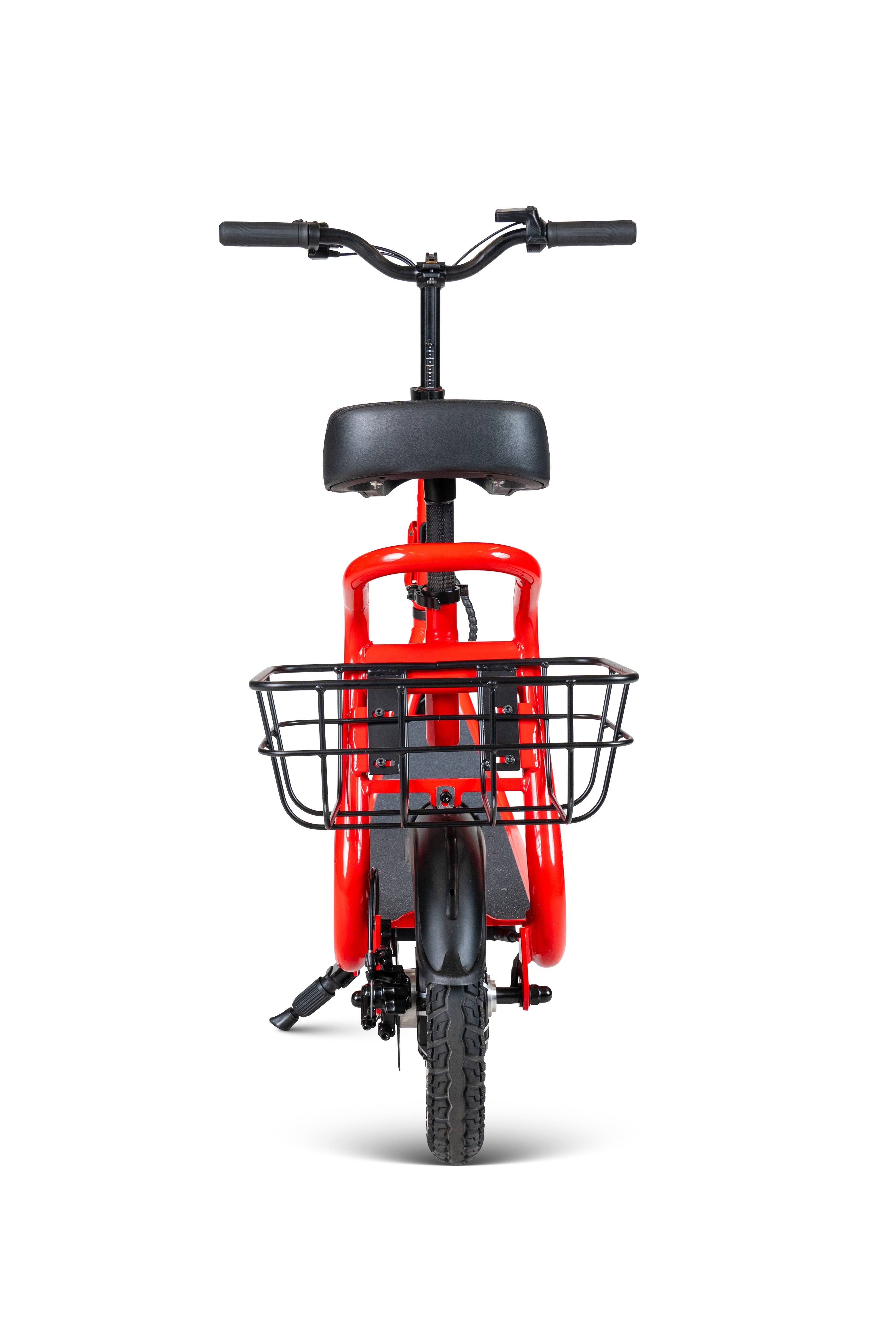Back. Madd Gear - Electric Scooter with Seat & Basket for Adults & Teens – Long Range 18 Miles, 450W Motor, Foldable – Madd Gear Pendolare - RED.