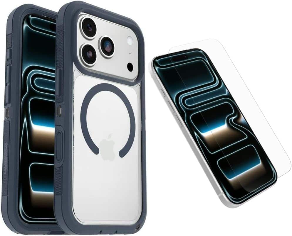 OtterBox - iPhone 17 Pro, Bundle: Defender Series XT Clear Case & Screen Protector - Snaps on MagSafe - Rugged & Durable - Baby Blue Jeans (Clear/Blue)