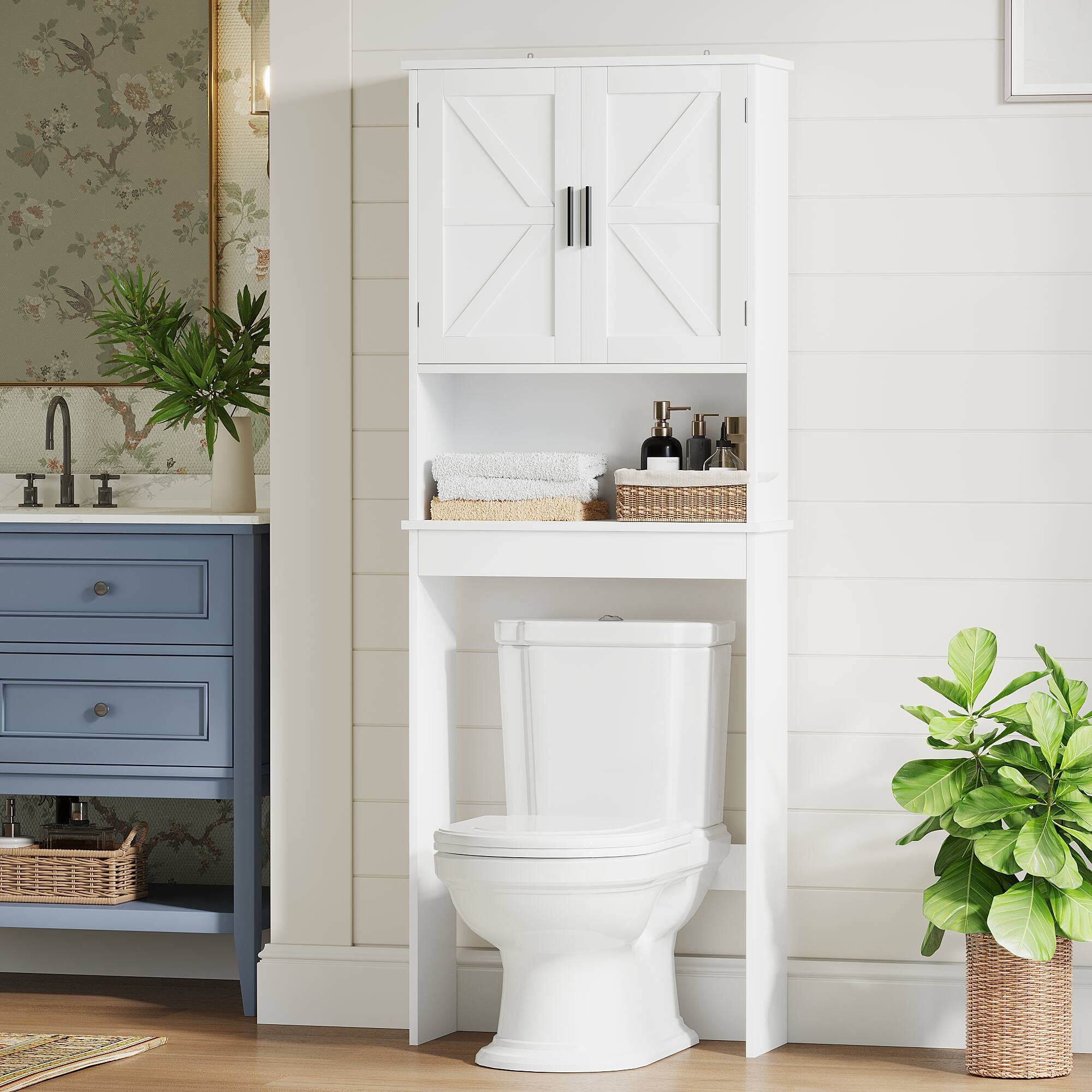 Left. Z-Edge - Over The Toilet Storage Cabinet with Adjustable Shelf, Bathroom Space Saver Organizer with 2 Doors and Open Shelf - White.