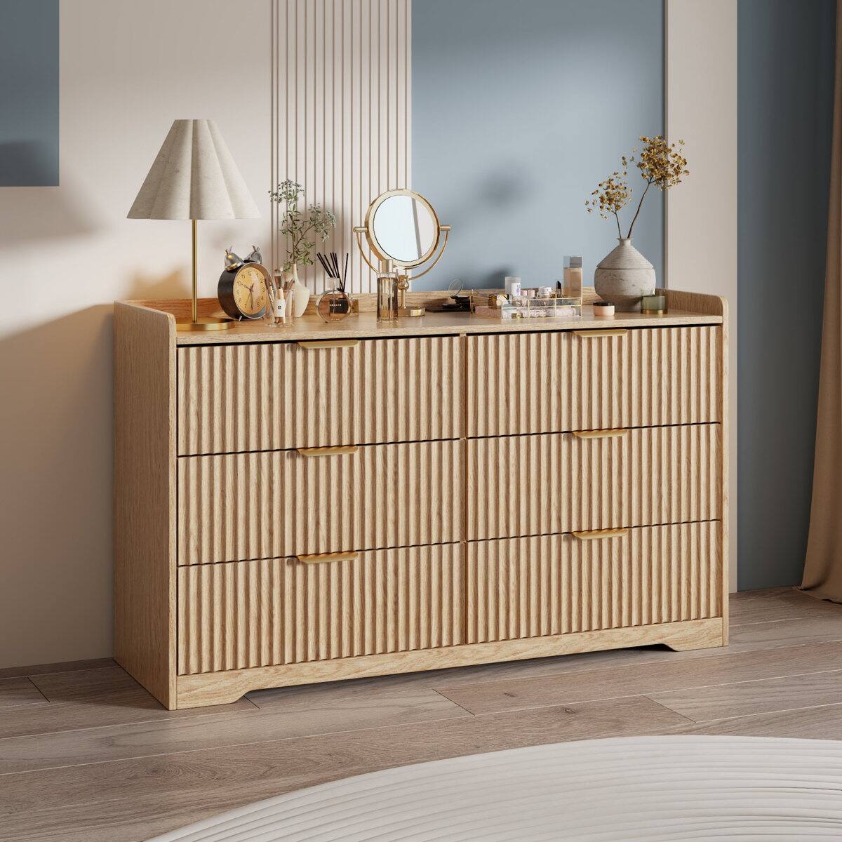 Alt View 4. Furnulem - 6 drawer Dresser Wood Wide Chest Of Drawers With Metal Handle - Gold.