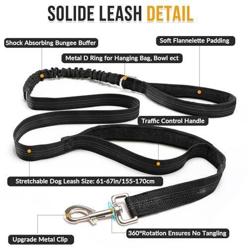 Sure, here is the corrected and grouped text from the image:

---

**SOLID LEASH DETAIL**

- **Shock Absorbing Bungee Buffer**
- **Soft Flannelette Padding**
- **Metal D Ring for Hanging Bag, Bowl etc.**
- **Traffic Control Handle**
- **Stretchable Dog Leash Size: 61-67in/155-170cm**
- **Upgrade Metal Clip**
- **360° Rotation Ensures No Tangling**

---