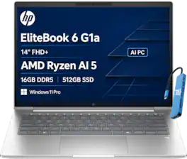 HP - Upgraded - EliteBook 6 G1a 14" FHD+ Next Gen AI Notebook - Copilot+ PC - Ryzen AI 5 PRO 340 2025 - 16GB RAM - 512GB SSD - Win11Pro - Silver