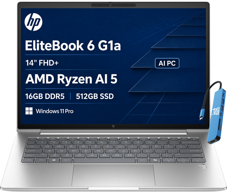 hp EliteBook 6 G1a  
14" FHD+  
AMD Ryzen AI 5  
16GB DDR5  
512GB SSD  
AI PC  
Windows 11 Pro