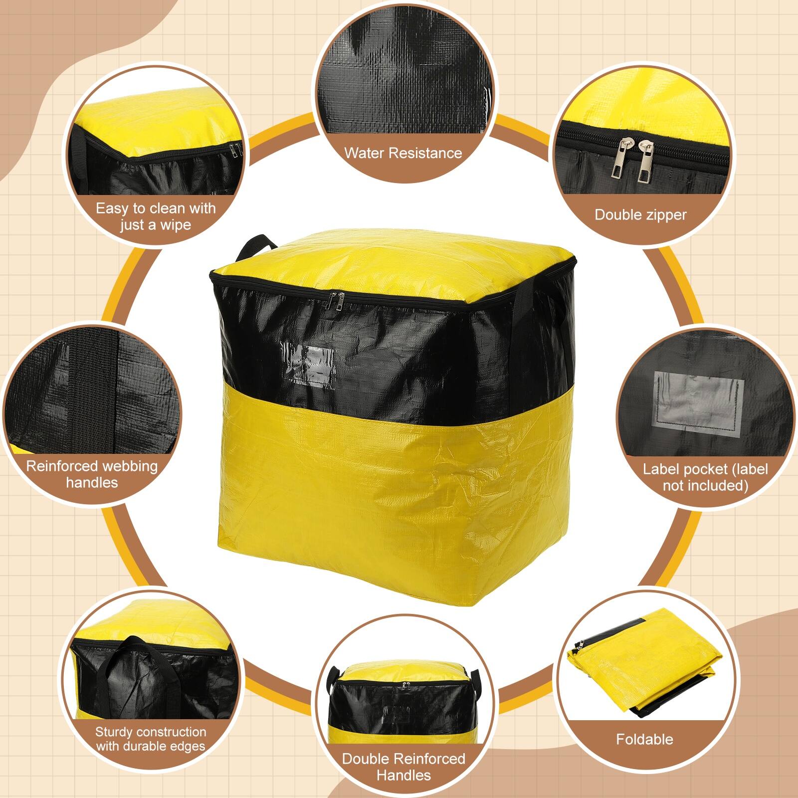 Water Resistance  
Easy to clean with just a wipe  
Double zipper  
Reinforced webbing handles  
Label pocket (label not included)  
Sturdy construction with durable edges  
Double Reinforced Handles  
Foldable