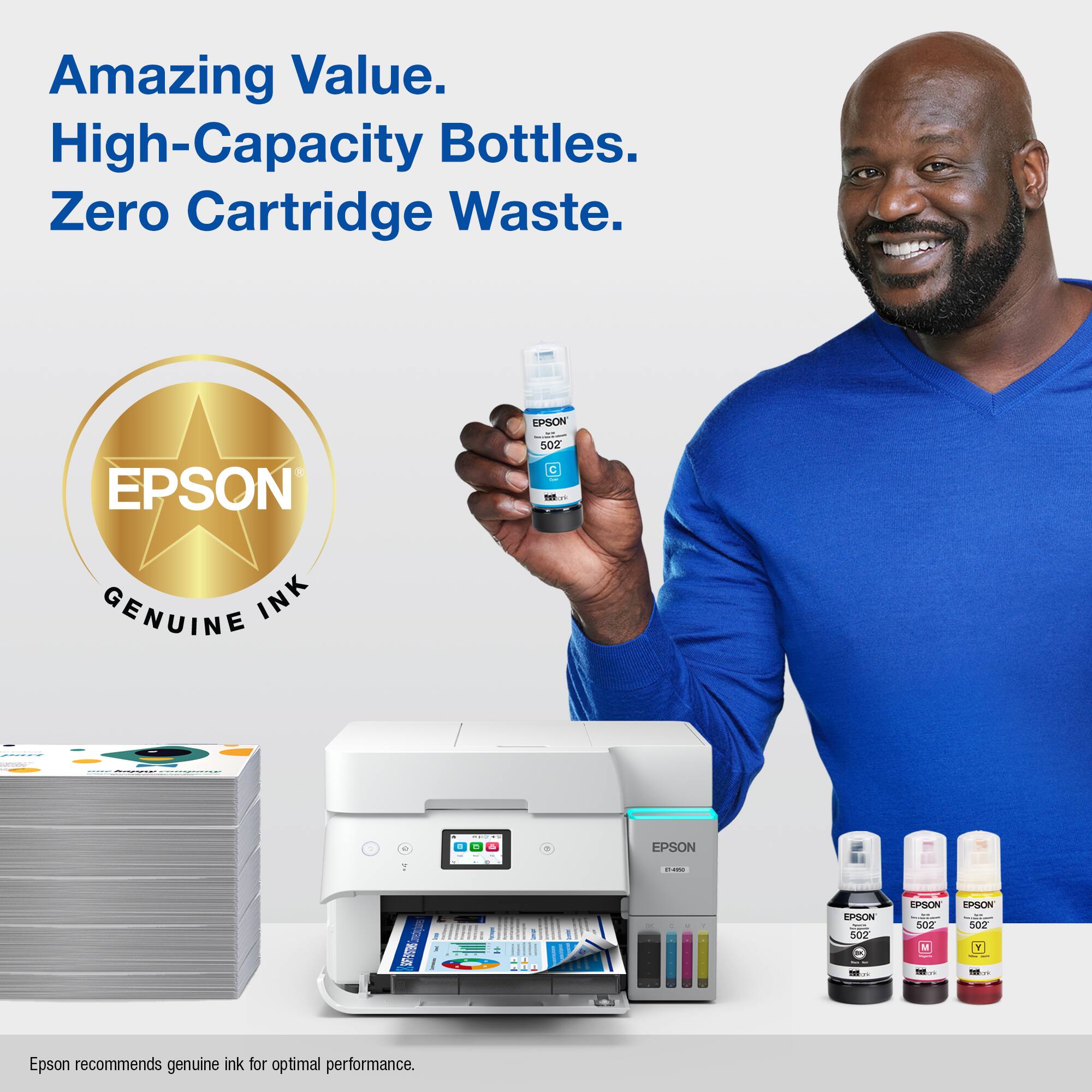 Amazing Value. High-Capacity Bottles. Zero Cartridge Waste. EPSON 502 18m GENUINE INK. Epson recommends genuine ink for optimal performance.