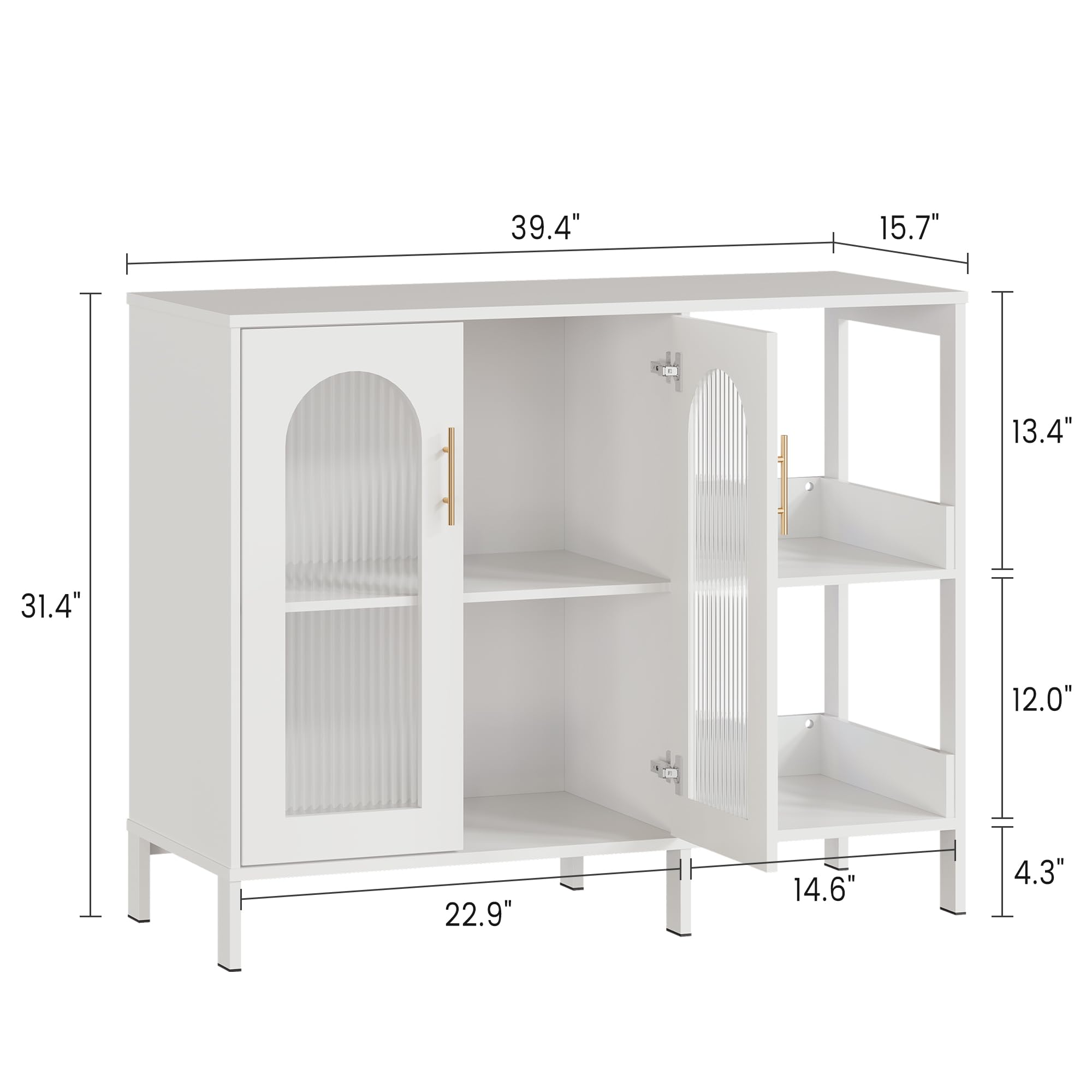 39.4" (width)  
15.7" (depth)  
31.4" (height)  
22.9" (width of lower shelf)  
14.6" (width of upper shelf)  
13.4" (height of upper shelf)  
12.0" (height of lower shelf)  
4.3" (height of base)