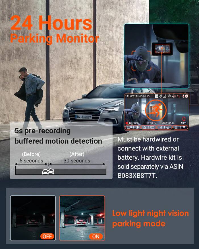 24 Hours Parking Monitor

1440P+1440P 30FPS

5s pre-recording buffered motion detection
(Before) 5 seconds (After) 30 seconds

Must be hardwired or connect with external battery. Hardwire kit is sold separately via ASIN B083XB8T7T.

Low light night vision parking mode OFF ON