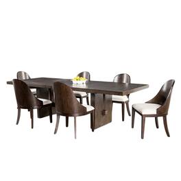 Manhattan Lane - Mordy 7pc Dining Table Set, 72-90 Inch Expandable Leaf, 6 Chairs - Dark Walnut Brown, Off-White