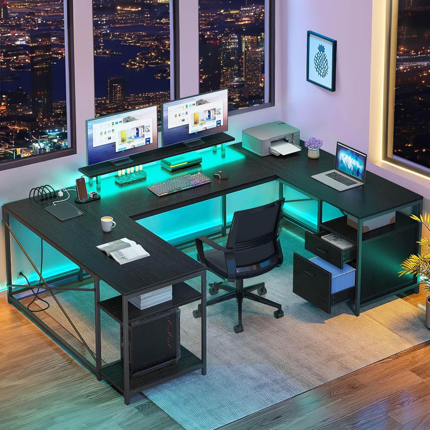Zell Electronics - 79 Inch U-Shaped DeskReversible L-Shape with Power Outlets, LED Lights & Storage Shelves - Black