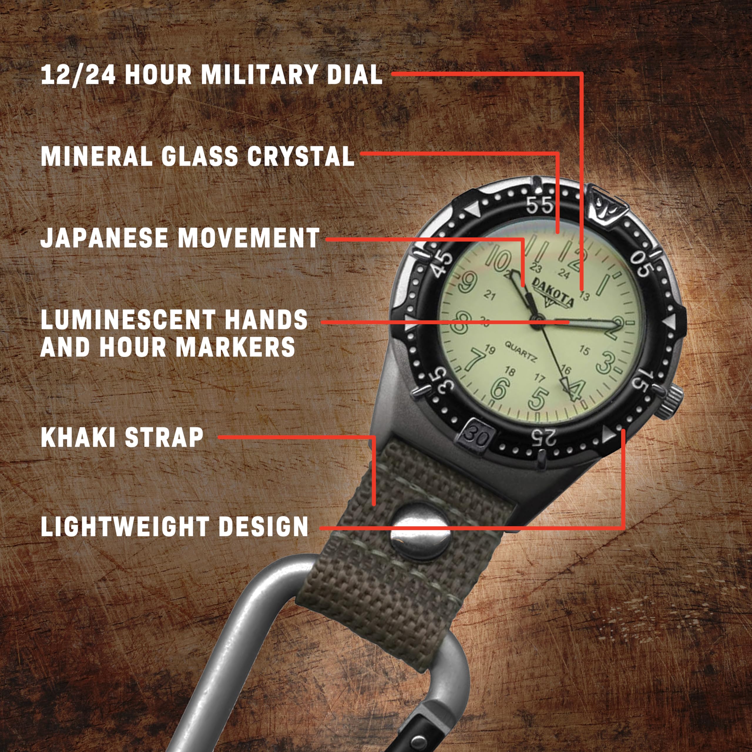 12/24 HOUR MILITARY DIAL  
MINERAL GLASS CRYSTAL  
JAPANESE MOVEMENT  
LUMINESCENT HANDS AND HOUR MARKERS  
KHAKI STRAP  
LIGHTWEIGHT DESIGN