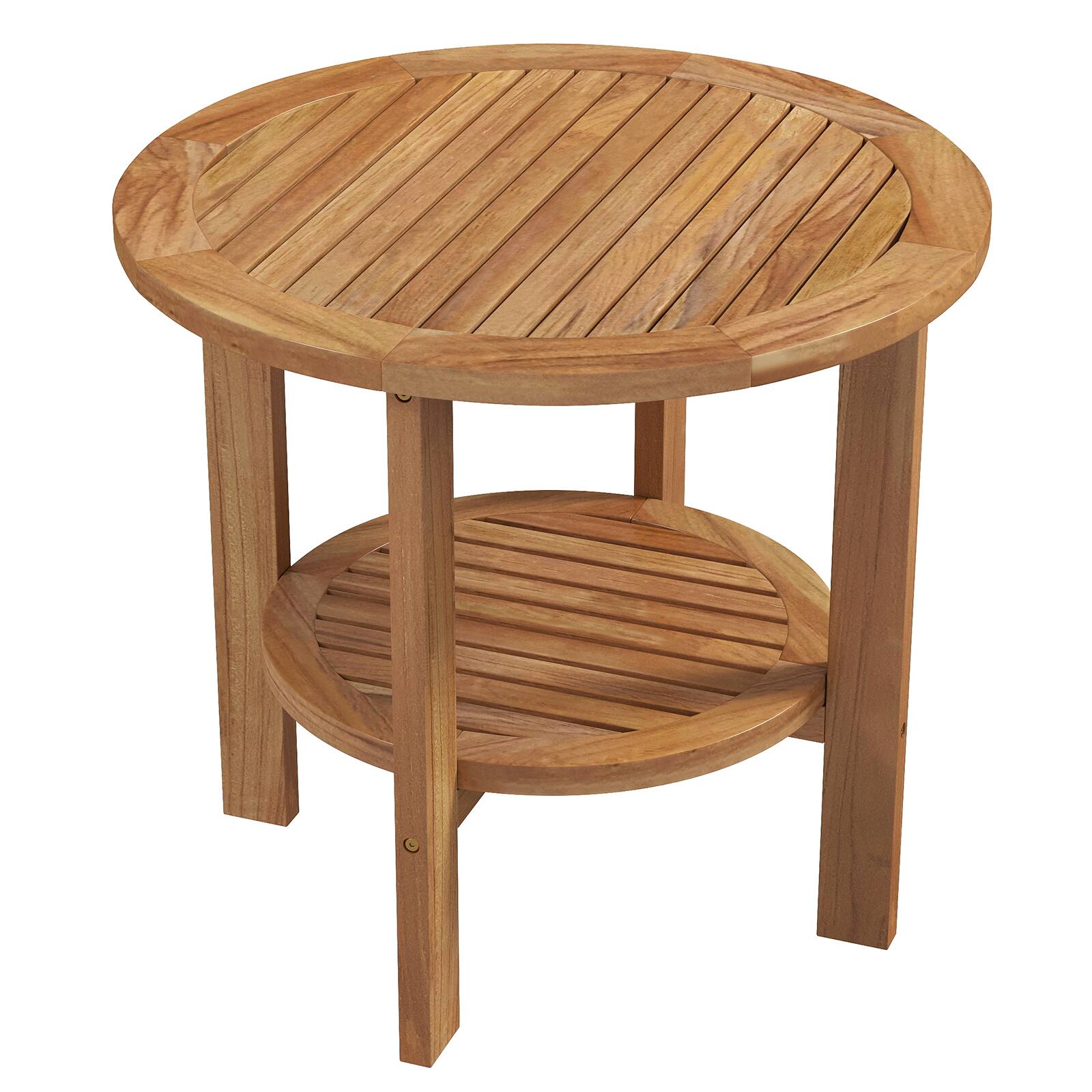 Front. Sugift - Outdoor Teak Wood Round Side Table Patio End Table with Slatted Storage Shelf - Natural.