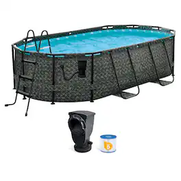 Funsicle - 13'11" Oasis Designer Oval Above Ground Pool w/ Pump - Dark Herringbone