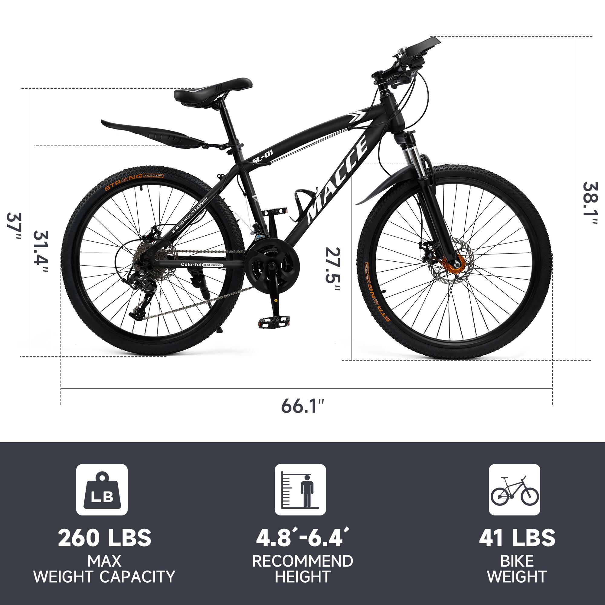 Sure, here is the corrected and grouped text from the image:

- **Frame Size:** 5L-D1
- **Wheel Size:** 27.5"
- **Seat Height:** 31.4" - 37"
- **Handlebar Height:** 38.1"
- **Seat Tube Length:** 27.5"
- **Top Tube Length:** 31.4"
- **Overall Length:** 66.1"
- **Max Weight Capacity:** 260 LBS
- **Recommended Rider Height:** 4.8' - 6.4'
- **Bike Weight:** 41 LBS