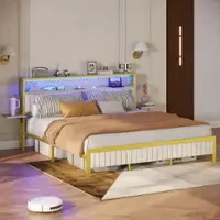 Bestier - King Size Bed Frame with Upholstered Headboard Built-in Storage LED Lighting and Charging Station - White - Front_Zoom