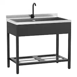 Winado - Freestanding Utility Sink with Hot & Cold Faucet & Storage Shelf & Rounded Corner for Pet Grooming and Restaurant Prep - Black/Silver