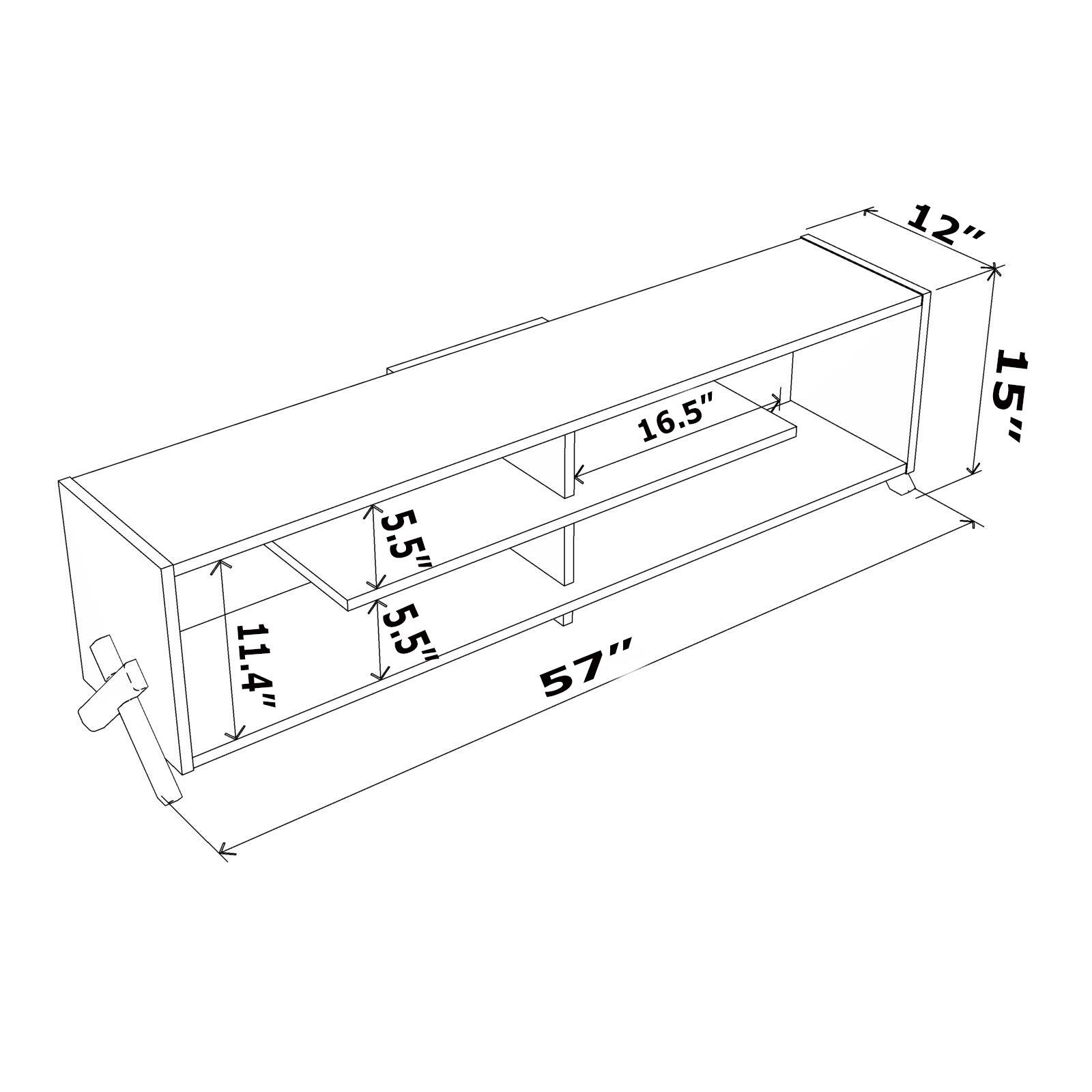 Here are the corrected dimensions grouped from the image:

- Length: 57"
- Width: 16.5"
- Height: 12"
- Depth: 15"
- Shelf depth: 11.4"
- Shelf height: 5.5"