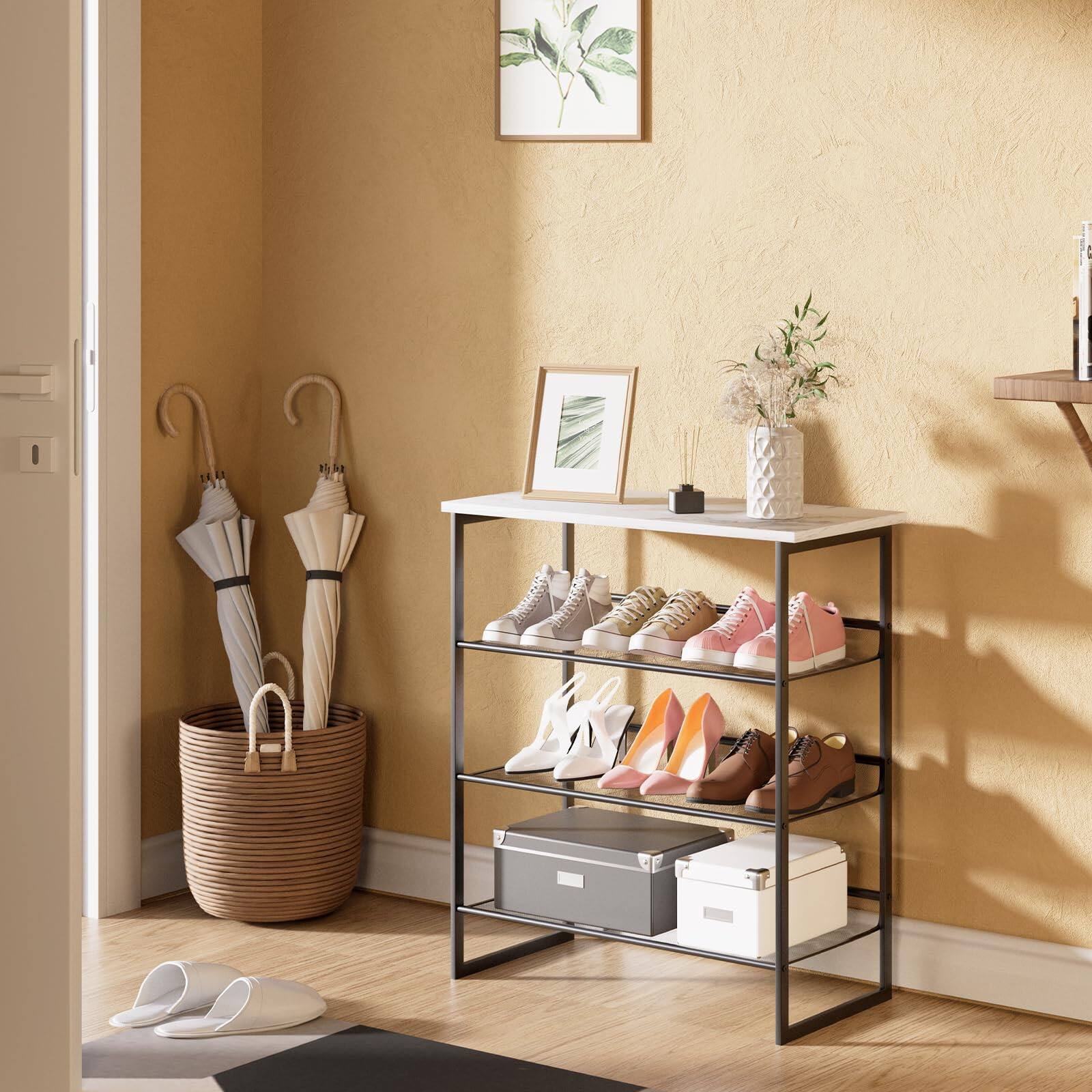 Alt View 5. Hanke - Shoe Rack Freestanding Organizer Multi-purpose Adjustable Flat And Slant Storage Shelf High Heels Potted - Marble White 3-Tiers.